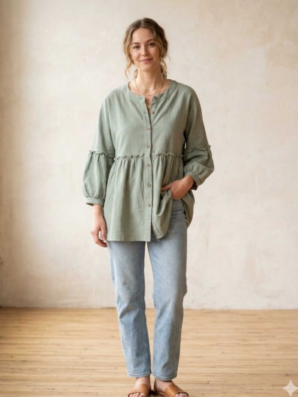 Sage Green Babydoll Button Up Tunic Blouse 2XL